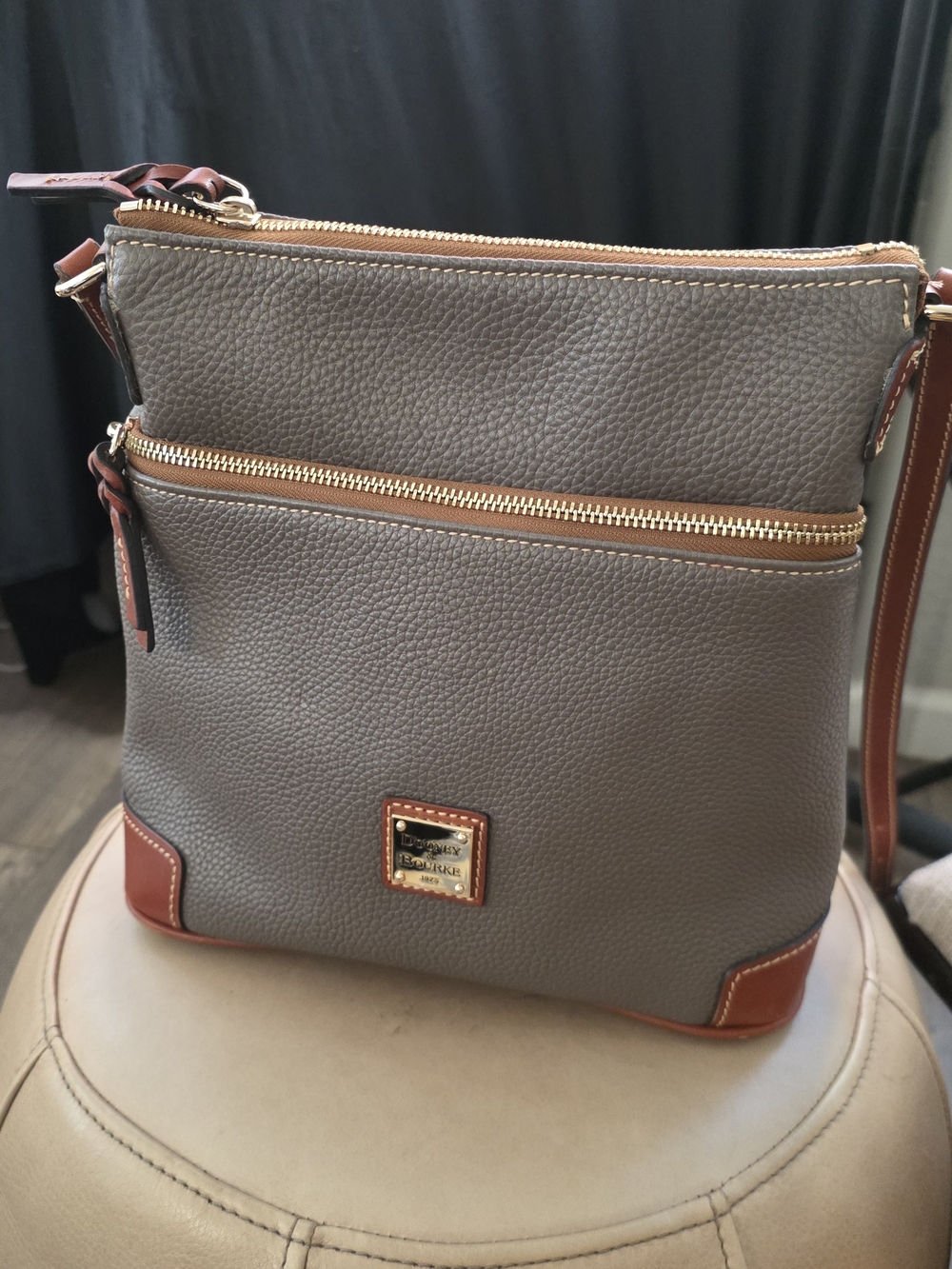 Dooney & Bourke Gray Pebbled Leather Crossbody with Brown Trim and Gold Hardware